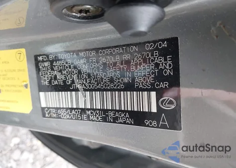 2004 Lexus Es 330 из США, поврежденный, VIN JTHBA30G545028226